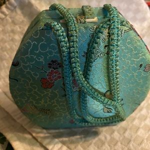 Turquoise Silk Flower Print Handbag